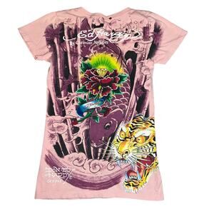 Y2K Ed Hardy by Christian Audigier koi fish AOP graphic v-neck Tshirt size SMALL